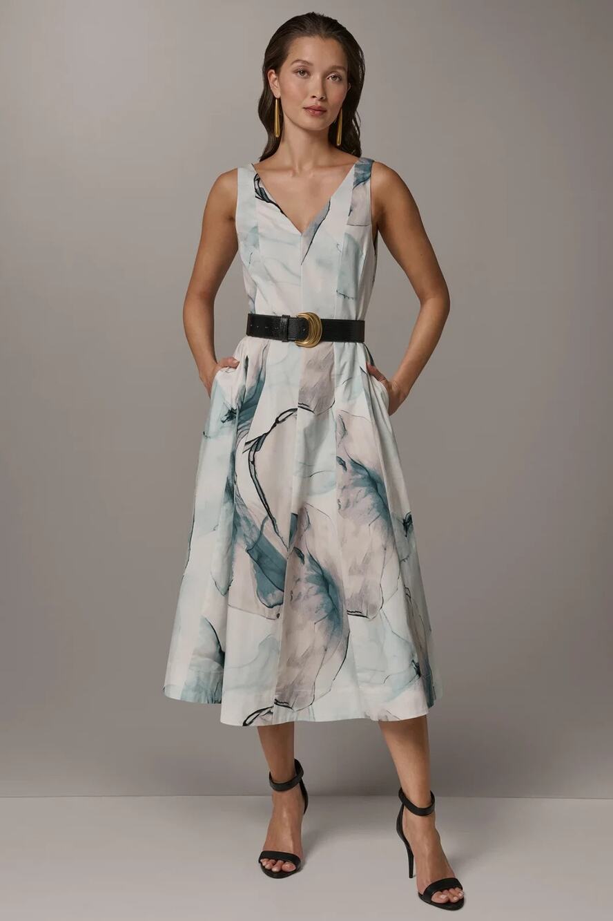 DONNA KARAN STRETCH-COTTON PRINTED MIDI FIT AND FLARE DRESS Size 14P 3806